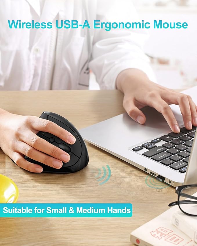 Lekvey Ergonomic Mouse Vertical Wireless Mouse for Small/Medium Hands Rechargeable with USB Receiver 3 DPI for Comfort Relieves Wrist Pain Carpal Tunnel Mouse for Laptop PC Computer Mac Black