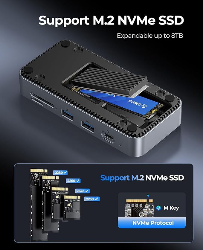 ORICO 9-in-1 USB C Hub with M.2 NVMe SSD Enclosure 10Gbps Tool Free Hub Docking Station with Built-in Fan Gigabit Ethernet 100W PD SD/TF Type C &amp USB A for Laptop MacBook