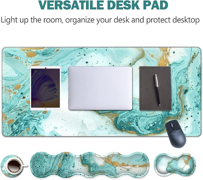 Upgraded Large Gaming Mouse Pad Keyboard Wrist Rest Pad Wrist Support Mousepad Set Artso Rubber Base Stitched Edges Multifunctional Desk Pad (35 x15.5 in) for Office Home Teal Turqoise Marble