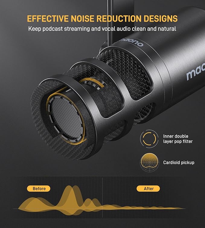 MAONO XLR Podcast Dynamic Microphone Cardioid Studio Mic with Boom Arm for Vocal RecordingStreamingGaming Voice Isolation Technology Metal Mic Works for Audio Interface Mixer