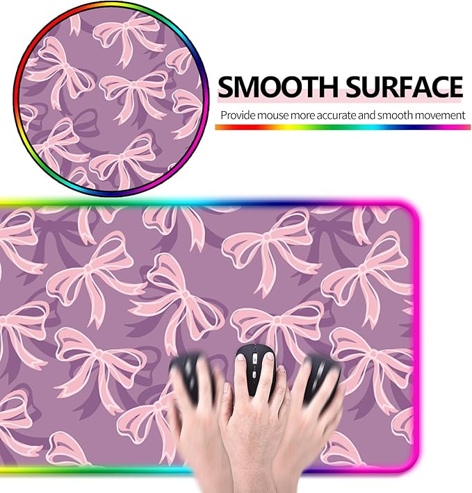 RGB Pretty Purple Bows Gaming Desk Mat Computer Keyboard Large Extended Long Girly LED Mouse Pad for Office and Home XL (W15)