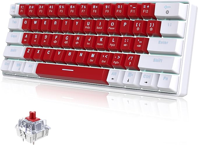 Snpurdiri Wired 60% Mechanical Gaming Keyboard White LED Backlit Ultra-Compact Small Office Keyboard for Windows Laptop PC Mac (White-Red Red Switches)