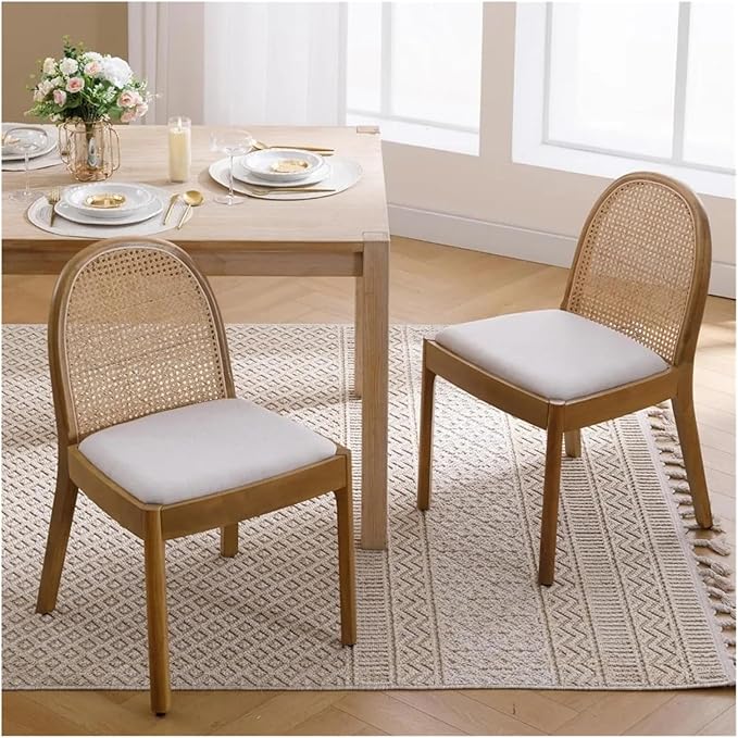 Adjustable Office Computer Chair with Armrest 1pcs Linen Fabric Rattan Backrest Dining Chair Solid Wooden Legs Use for Living Room