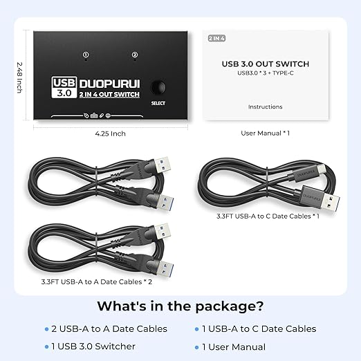 USB 3.0 Switch 2 Computers Sharing USB C &amp A DevicesEasy One-Click Device Switching with USB-C Cable &amp USB-A CableUSB Switch Hub Share Keyboard Mouse Printer Scanner(USB3.0 2in4out)