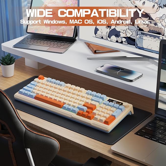 LexonElec M96 Wireless Gaming KeyboardKnob Control Bluetooth/2.4G Wireless Mechanical Feeling KeyboardRGB LED Backlit with Display Screen PBT Keycap 3000mAh 94-Key Layout for Win/Mac (Blueberry)