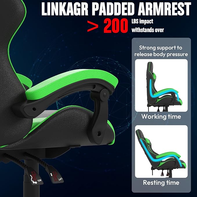 Bigzzia Gaming Chair with Heated Cushion Ergonomic Video Game Chairs with Pillow and Lumbar Support Racing Style Height Adjustable Computer Chair with 360°-Swivel Seat for Adults (Green)