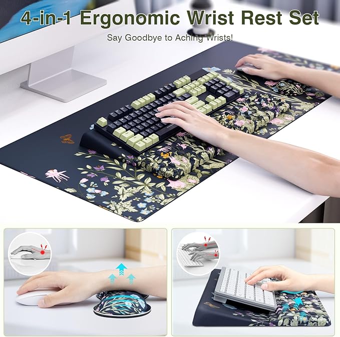 Ospelelf Keyboard Wrist Rest Stand Pad and Ergonomic Mouse Pad Set with Large Mousepad Memory Foam Comfort Premium Office Desk Accessories for Pain Relief Moonlit Blossoms