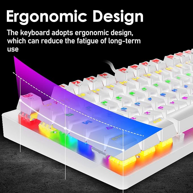 LexonElec K2 Mechanical Gaming KeyboardBlue Switch Mini 82 Keys Wired Rainbow LED Backlit KeyboardLightweight Gaming Mouse DPI Honeycomb Optical for MAC PC Gamers(White)