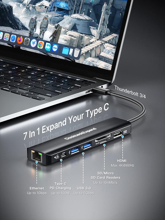 USB C Hub Multiport Adapter DockteckExpand USB C Dongle 7 in 1 with 4K 60Hz HDMI Port 1Gbps Ethernet 100W PD 2 USB 3.0 Ports SD/TF Card Reader for MacBook iPad HP Dell XPS and More