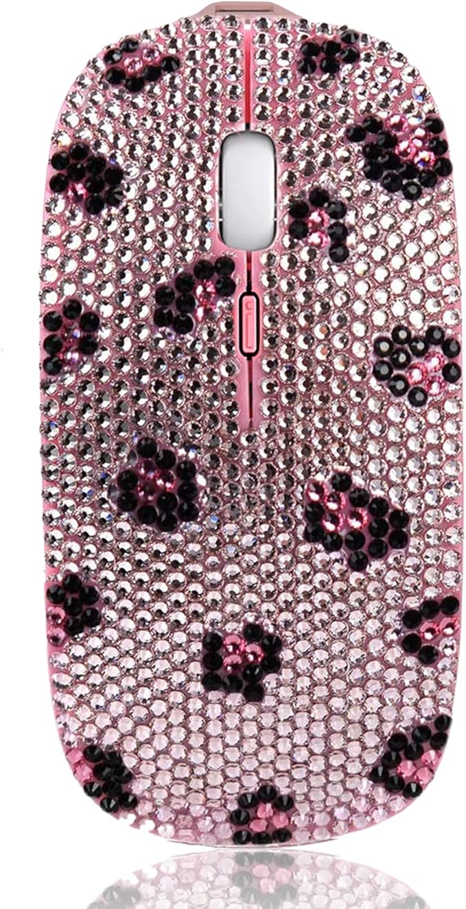 SA@ Pink Bling Crystal Rhinestone Wireless Mouse Sparkly Computer Mouse with USB Receiver for Girls Bedazzled Leopard Mice for Notebook PC Laptop MacBook (Pink)