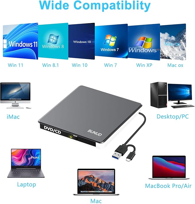 External DVD Drive USB C Superdrive for Apple USB 3.0 DVD Burner Reader for Mac Portable CD +/-RW Drive External DVD Player for Laptop MacBook Windows 11 10 PC Linux OS