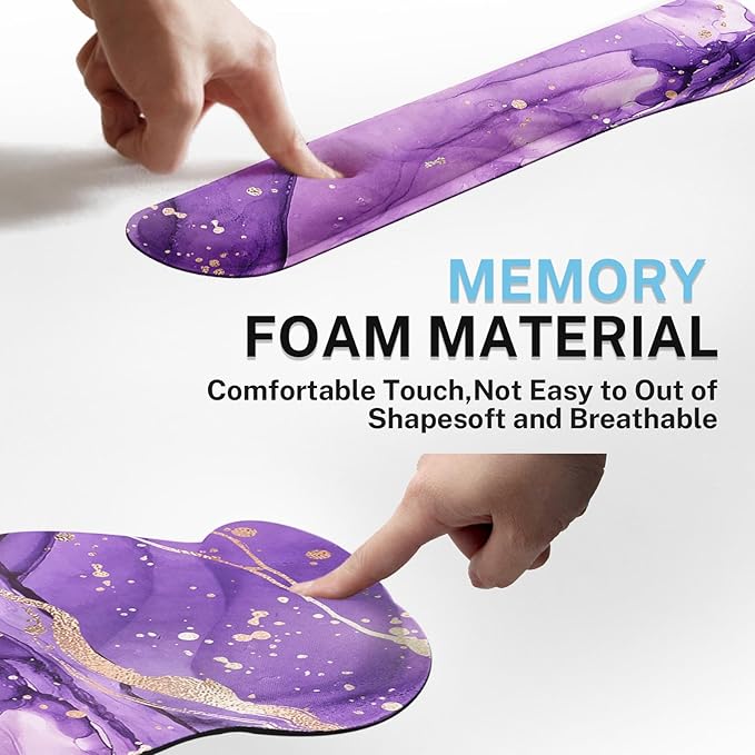 Arttown Purple Gold Marble Desk Mat Abstract Marble Mouse Pad Set 4 in 1 Ergonomic Design Large Mousepad + Keyboard Wrist Rest + Mouse Wrist Rest + Coaster Suitable for Home Office Study Game