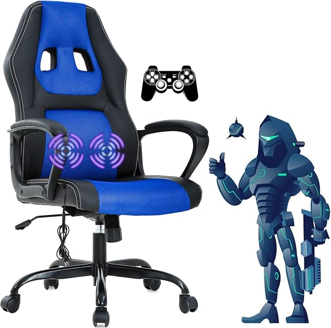 Gaming Chair Massage Office Chair Ergonomic Video Game Chairs Adjustable Reclining Computer Chair with Lumbar Support Armrest Headrest Task Rolling Swivel Chair Game Chair for Adult Teen Blue