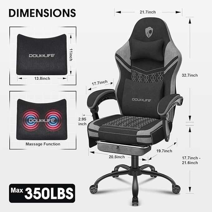 Gaming Chair Fabric Computer Chair with Massage Office Chair with Pocket Spring Widened Cushion High Back Ergonomic Chair with Footrest Lumbar Support Upgraded Metal Legs 350LBS (Grey)
