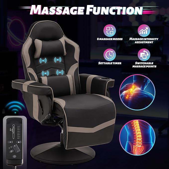 Game Reclining Chair with Adjustable Height PU Gaming Chair with Massage Long Footrest and Lumbar Support High Back Swivel Computer Game Chair for Adult (Gray)
