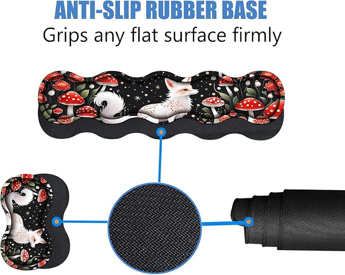 4 in 1 Ergonomic Memory Foam Mouse Pad Wrist Rest Set Large XXL Gaming Desk Pad + Keyboard Wrist Rest + Mouse Wrist Cushion + Coaster for Home Office Study Gaming White Fox Mushroom