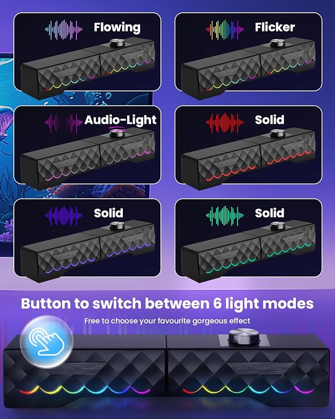 PC Speakers - 2 in 1 Detachable Computer Speakers with LED for Dynamic and Cool Gaming - Gaming Speakers with USB Cable for Desktop PC Monitor Laptop Gaming Equipment