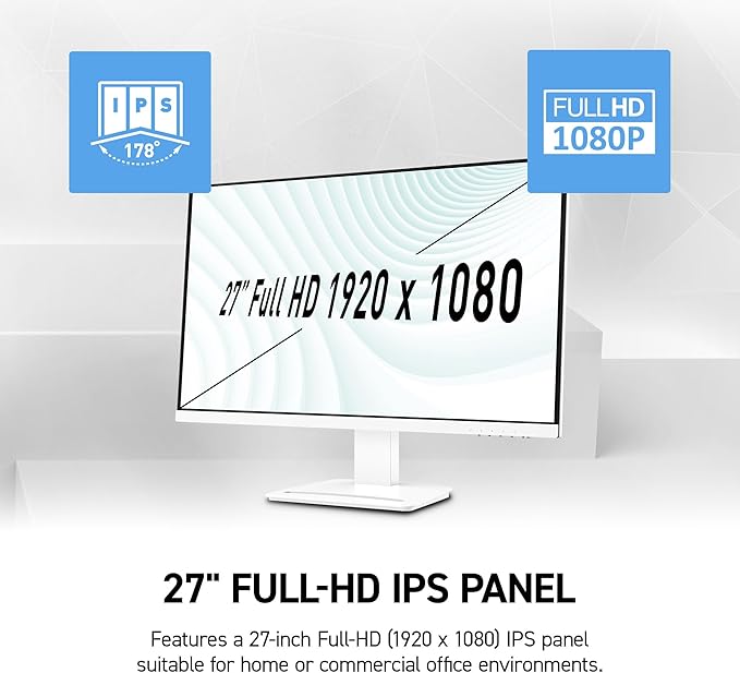 msi PRO MP273W E14A 27-inch IPS 1920 x 1080 (FHD) Gaming Office Monitor 144Hz Free-Synch HDMI DisplayPort VGA Port VESA Mountable Tilt Speaker 4-Side Slim Bezel 1ms White