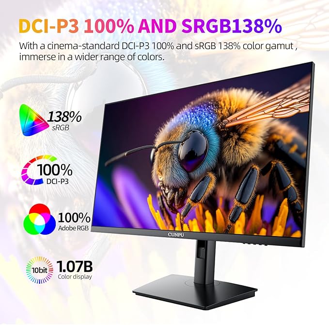 27 Inch 4K 70Hz Monitor UHD (3840 * 2160) IPS Ultra-Slim Bezel Monitor for Photo Video Editing ΔE &lt 2 100% DCI-P3 1.07B+ Colors PIP-PBP Adaptive Sync DP/HDMI Black
