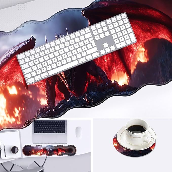 Large Mouse Pad and Keyboard Wrist Rest Desk Pad for Keyboard and Mouse 4-in-1 Large Gaming Mouse Pad with Wrist Support Desk Mat for Home Office Study Game-Dragon in Flames