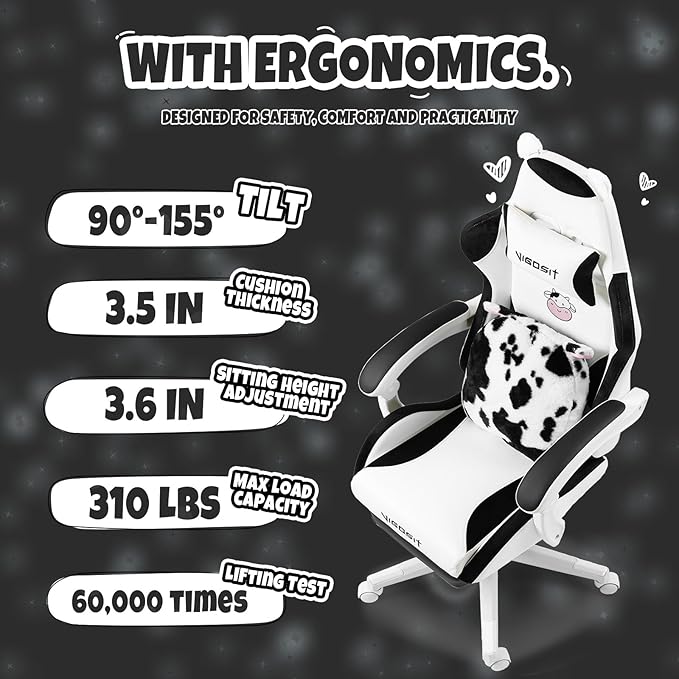 Black and White Cow Gaming Chair with Footrest Ergonomic Cute Gamer Chair for Girls Comfortable Computer Desk Chair for Adults Teens
