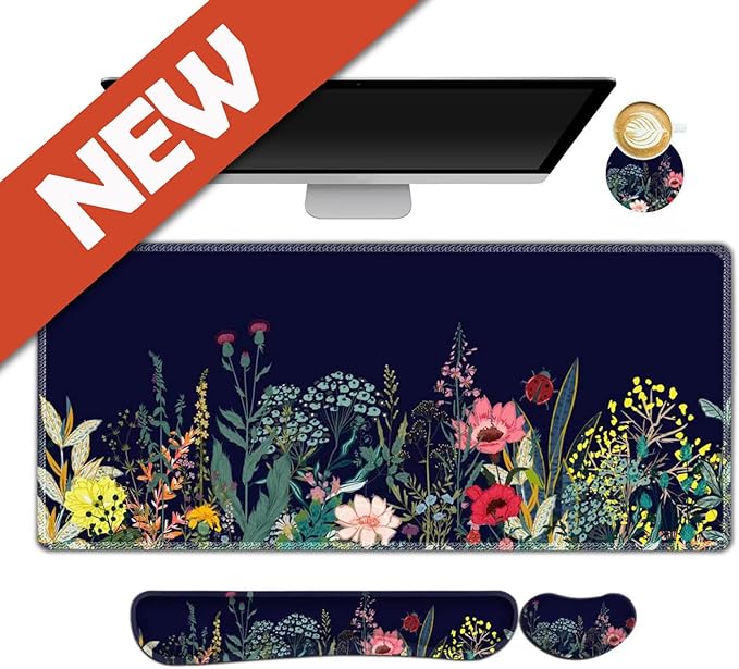 DINKY Keyboard Mouse Pad Set Large Gaming Mousepad + Memory Foam Ergonomic Keyboard Wrist Rest Support Easy Typing Pain Relief 4Pcs (35.4 x 15.7) Extended Desk Mat-Flower Weed