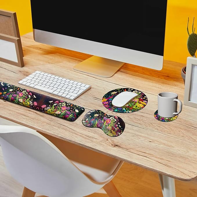 Mouse Pad with Wrist Rest + Keyboard Wrist Rest + Gaming Mouse Pad + Coasters Ergonomic Memory Foam Wrist Pad Set with Easy Typing &amp Pain Relief for Computer Laptop Office &amp Home - Floral Flow