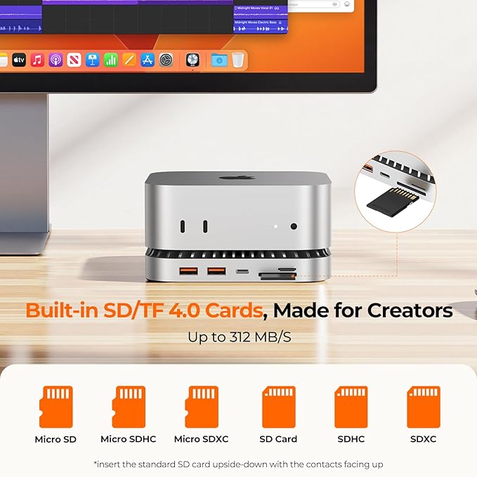 40G Mac mini M4 Dock &amp Stand with 8T NVMe SSD Enclosure 11-in-1 USB 4 Mac mini Hub with 2X USB-A 3.2 10Gbps USB-C 3.2 10Gbps SD/TF 4.0 65W Power Adapter 8K DP Video Interface 3.5mm Audio