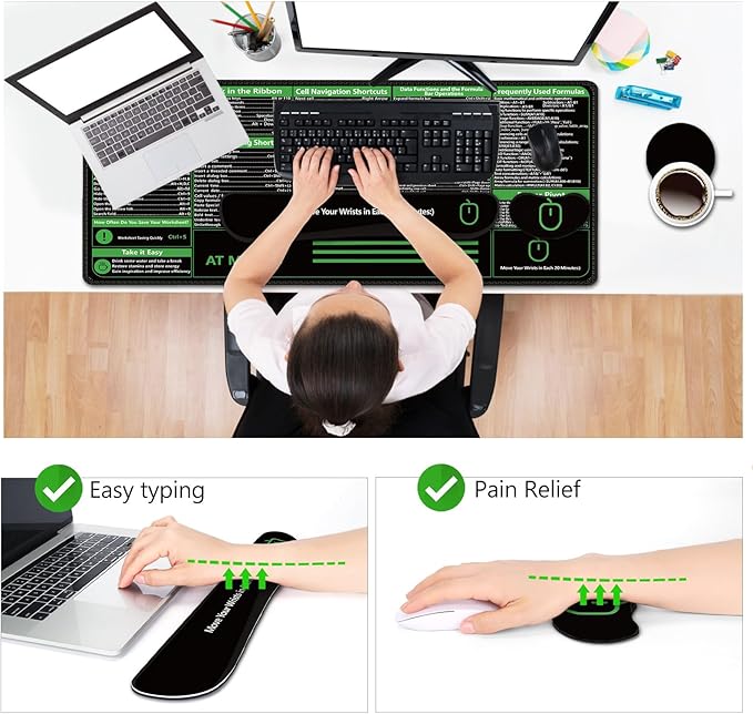 AIMSA Shortcuts Cheat Sheet Mouse Pad Large Keyboard Shortcut Keys Desk Mat+ Mouse Pad with Wrist Rest+ Keyboard Wrist Rest Support+ Coaster Ergonomic Multifunctional Mousepad