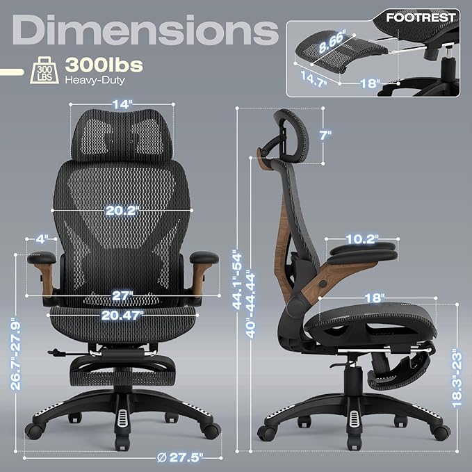 ELABEST X100 Ergonomic Office Chair with Footrest Big and Tall Home Desk Chair with 5D Flip-Up Arms Adjustable 3D Lumbar SupportHigh Back Rolling Computer Chair Swivel Mesh Chairs (Library Oak)