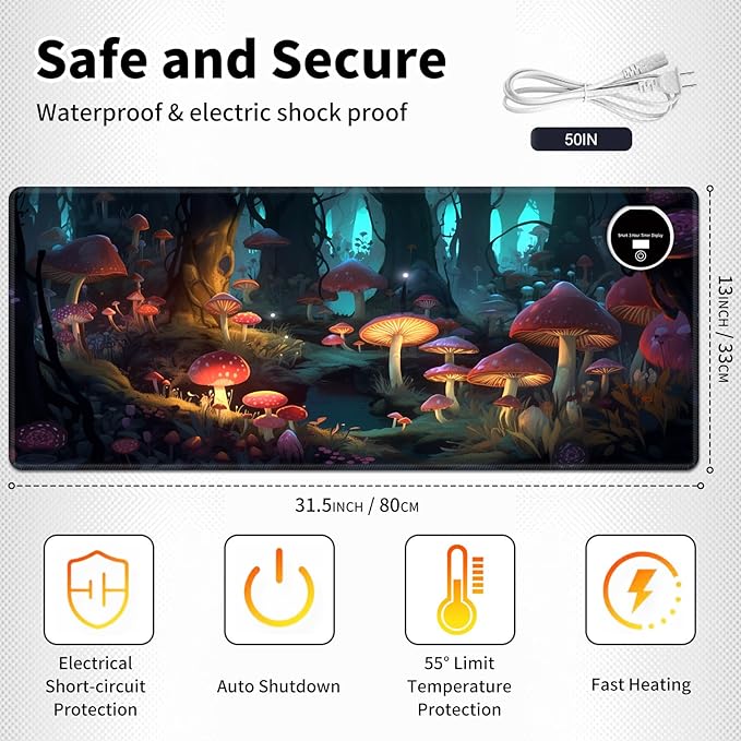Warm Desk PadHeated Desk Pad Mouse Mat Gamingwith 3 Heating Levels &amp 3 Hours Auto Shut-OffLeather 31.5 x 13 Foot Warmer Keyboard Office MatMushrooms Forest