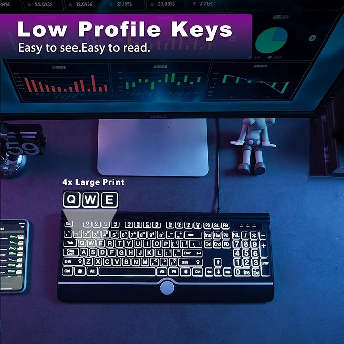Large Print Backlit Computer Keyboard 7-Color Backlit Keyboard with Wrist Rest USB Plug-and-Play Oversize Letters Keys Easy to See and Type Wired Light Up Keyboards for Laptop PC Gaming