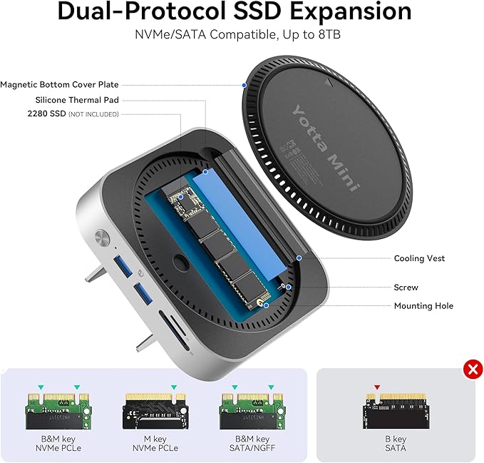 Yottamaster 9 in 1 Mac mini M4 Dock 10Gbps with 8TB NVMe SATA SSD Enclosure Aluminum Mac mini M4 Stand and Hub Built in Cool Fan USB-A*2/USB-C 10Gbps USB-A 2.0 * 2 3.5mm Audio*2 TF/SD