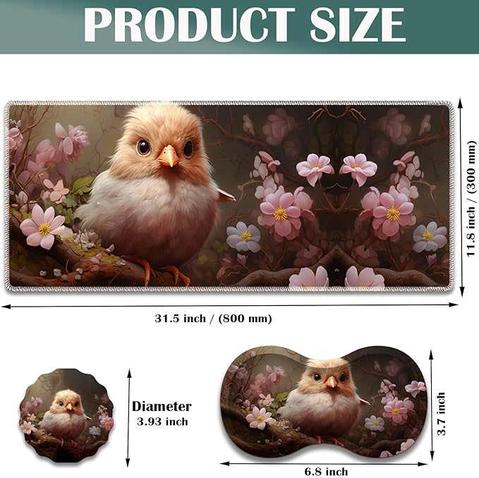 Large Game Mouse Pad + Wrist Support Pad + Coffee Coaster Desk Pad with Sewn Edges Anti-Slip Set pad Suitable for Office Work and Home - Cute Animals Birds Flowers