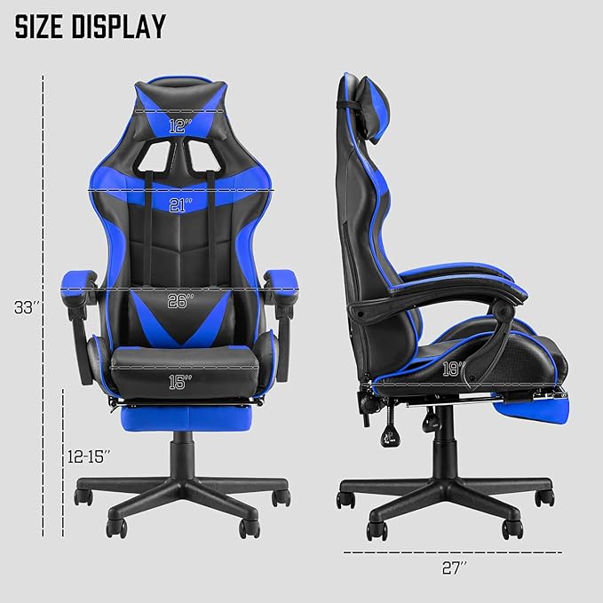 Huracan Gaming Computer Chair with Footrest Adjustable Video Game Chairs for Adults Heavy Duty Office Chair with Headrest and Lumbar Support Blue