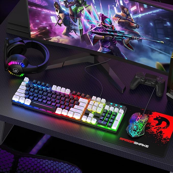 Wired Rainbow LED Backlit Keyboard and Mouse Over Ear Headphone with Mic Gaming Mice and Pad for PC Xbox and PS4 (Black/White)