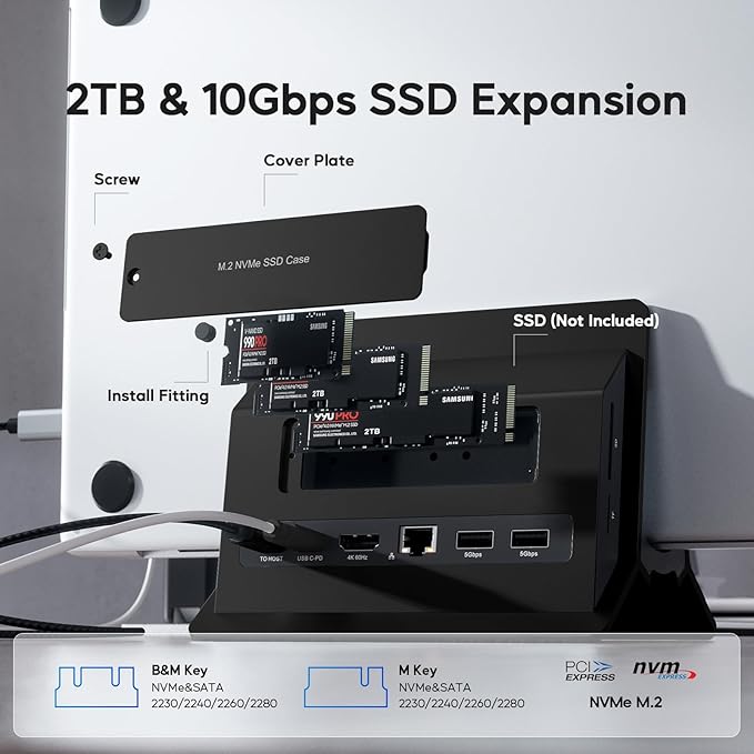 Vertical MacBook Docking Station PULWTOP Docking Station for Mac mini with M.2 NVMe case for MacBook Pro/Air 4K@60Hz HDMI 2USB C 10Gbps SD/TF 100W PD RJ45 2 USB A for Windows Black