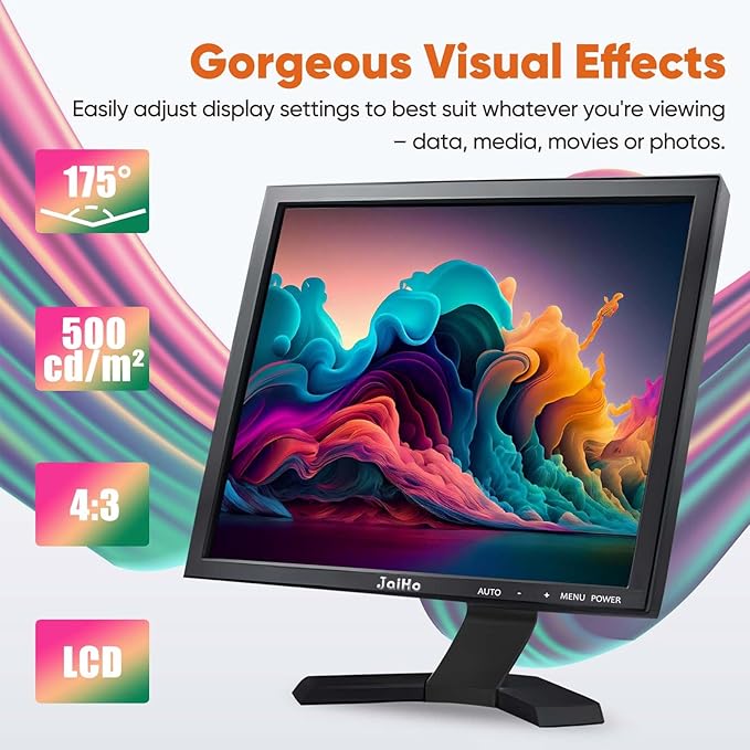 JaiHo PC Screen 19 Inch 4:3 Monitor 1280x1024 Color LCD Screen HD PC Monitor with HDMI/VGA/AV/BNC/USB for Raspberry Pi Computer Xbox Two Speakers VESA
