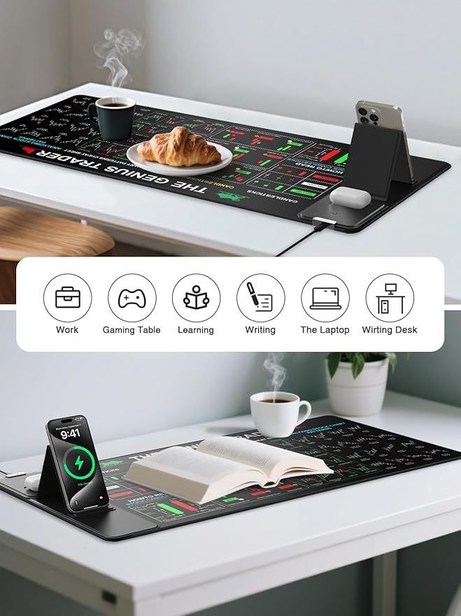 Mouse Pad with Foldable Phone Holder Wireless Charging Desk Mat for Stock Enthusiast 31.5x15.8 Large Mousepad with Financial Trading Guides Printed XXL Desk Pad Non-Slip Waterproof Keyboard Pad