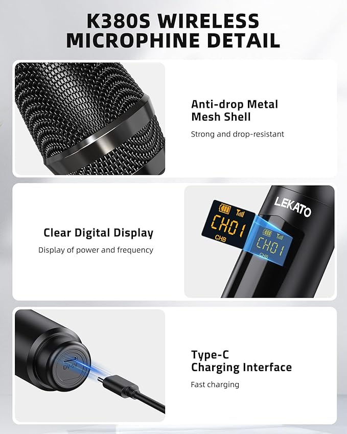 LEKATO Wireless Microphone 2.4GHz Rechargeable Dual Handheld Wireless Dynamic Microphone System Set with 1/4 Receiver Professional Cordless Microphone for Karaoke Wedding Party Speech Church