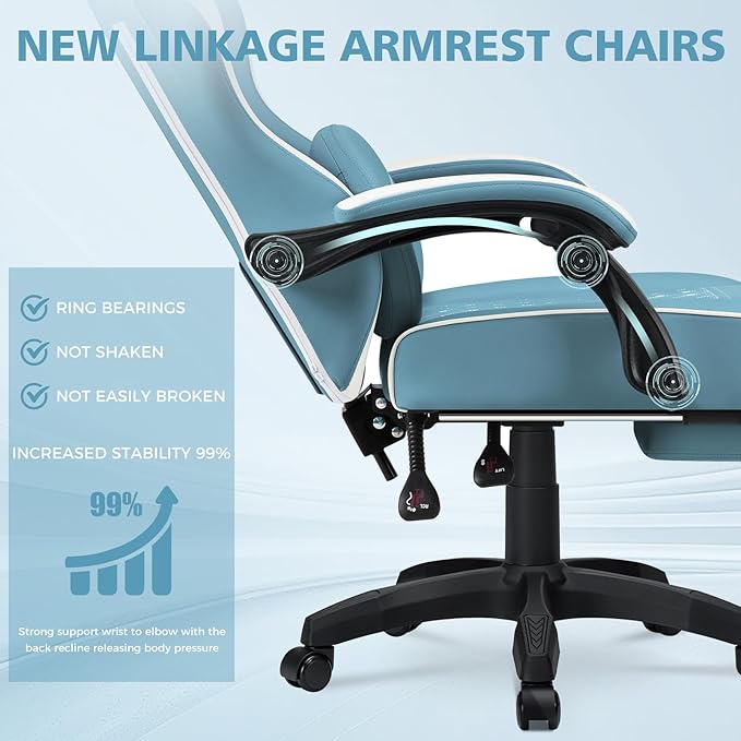 HOFFREE Gaming Chair Computer Chair with Pocket Spring Cushion Massage Game Chair with Footrest Ergonomic High Back Computer Gaming Chairs for Adults Adjustable Swivel Gamer Chair Stone Blue and White