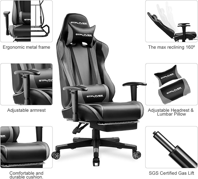 GTPLAYER Gaming Chair with Footrest Ergonomic Computer Game Desk Chair Reclining Gamer Chair Seat Height Adjustment Swivel Rocker with Headrest and Lumbar (Gray)