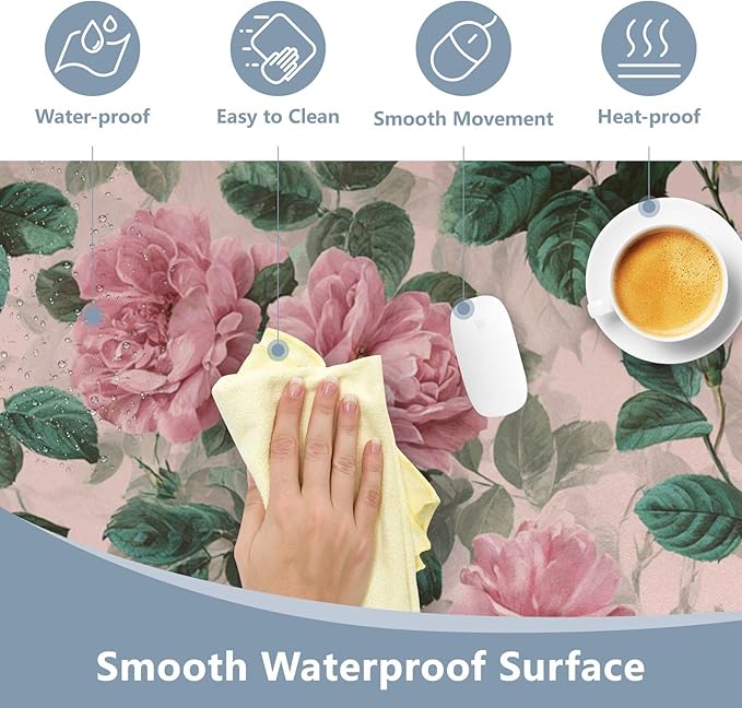 Mouse Pad Desk Mat Leather Desk Pad Large Gaming Desk Cover Protector Mat for Keyboard Computer Laptop Office Waterproof 35.4 x 16.5 Inch Pink Vintage Roses with Leaves