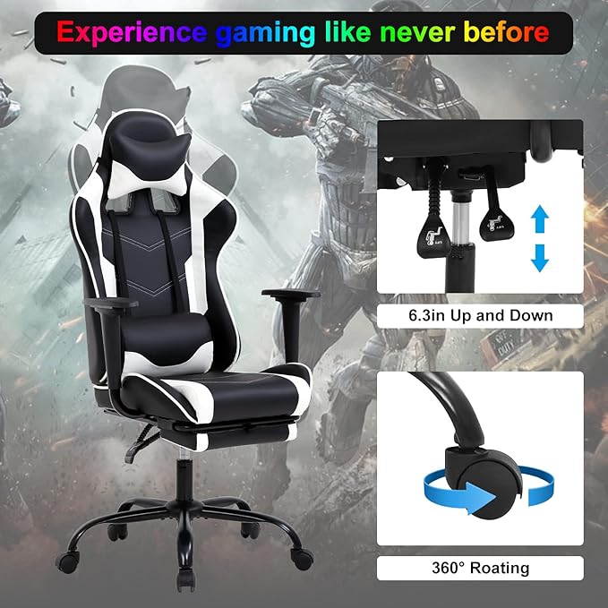 Gaming Chair Computer Chair Ergonomic Gaming Chair with Footrest Reclining High Back Video Game Chair with Lumbar Support Headrest Armrest Swivel Seat for Teen (White)