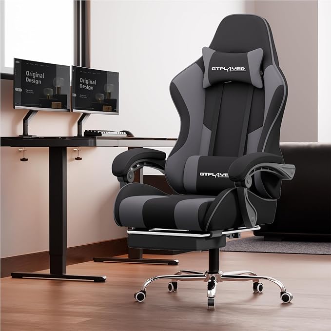 GTPLAYER Gaming Chair Computer Chair with Footrest and Lumbar Support Height Adjustable Game Chair with 360°-Swivel Seat and Headrest and for Office or Gaming (Darkgray Fabric)