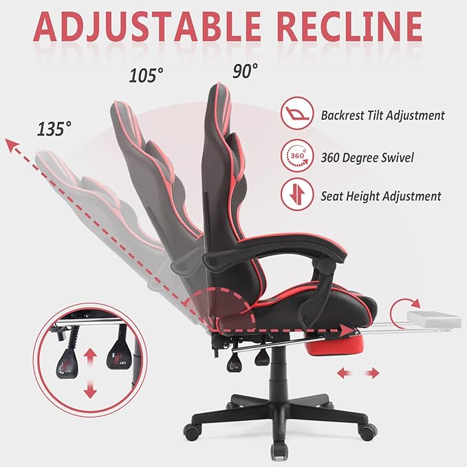 Ferghana Gaming Chairs Red with FootrestErgonomic Racing Style PC Game Computer Chair with Headrest Lumbar Support Adjustable Recliner PU Leather Video Computer Chair(Red)