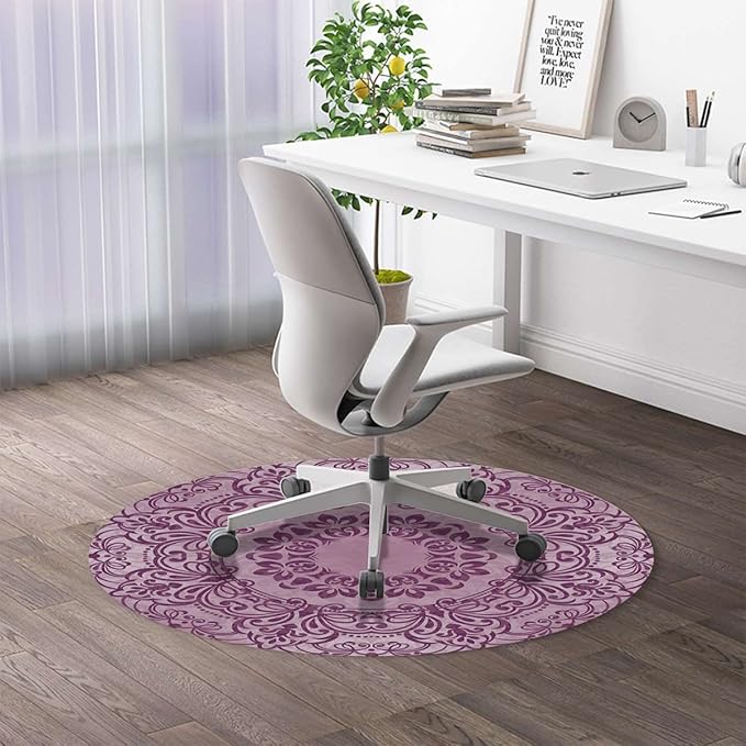 Lavender Dark Purple PU Leather Chair Mat for Hardwood Floor Anti-Slip Floor Protector Floral Elements Oriental Vintage for Home/Office Rolling Chair and Computer Desk Geometric Diameter 39.4 in