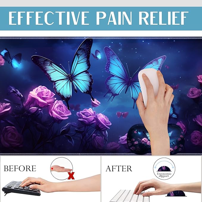 Mouse Pad Set Large Gaming Mouse Pad (31.5X 11.8 inches)+ Wrist Rest Pad + Coaster Ergonomic Wrist pad Home Office Desk Accessories Decor Supplies Starry Sky Butterflies and Purple Roses