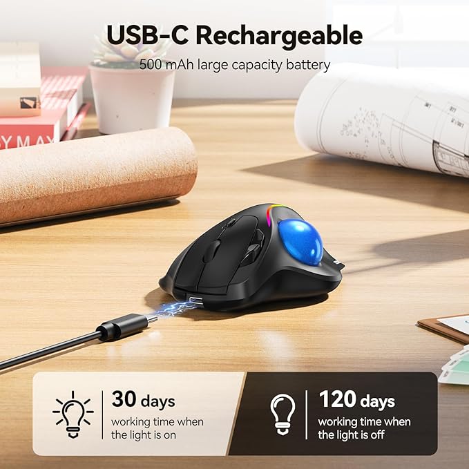 TECKNET Pro Wireless Trackball Mouse Bluetooth Mouse with Ergonomic Thumb Control USB-C Rechargeable RGB Light Mice with Adjustable DPI 3-Device Connectivity (BT or 2.4G)for PC/Mac/Laptop - Black