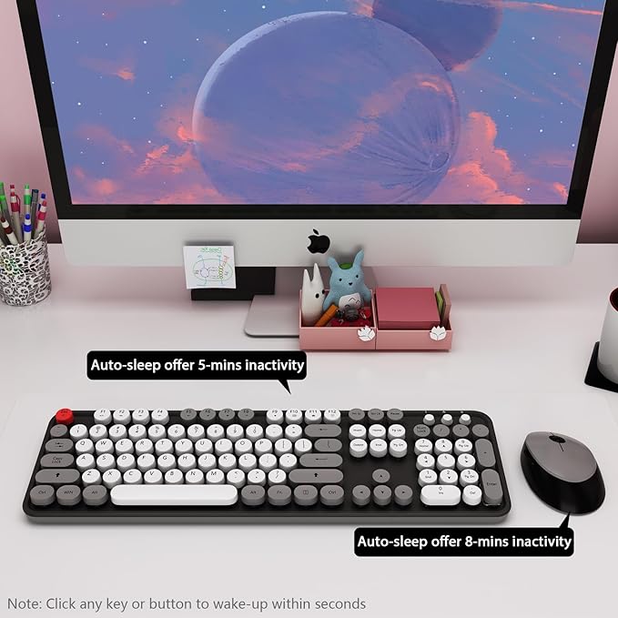 Wireless Keyboard and Mouse KOOTOP Cute Keyboard and Mouse 2.4G Wireless Keyboard with Retro Round Keycap for PC Mac LaptopTabletComputer Windows (Grey)